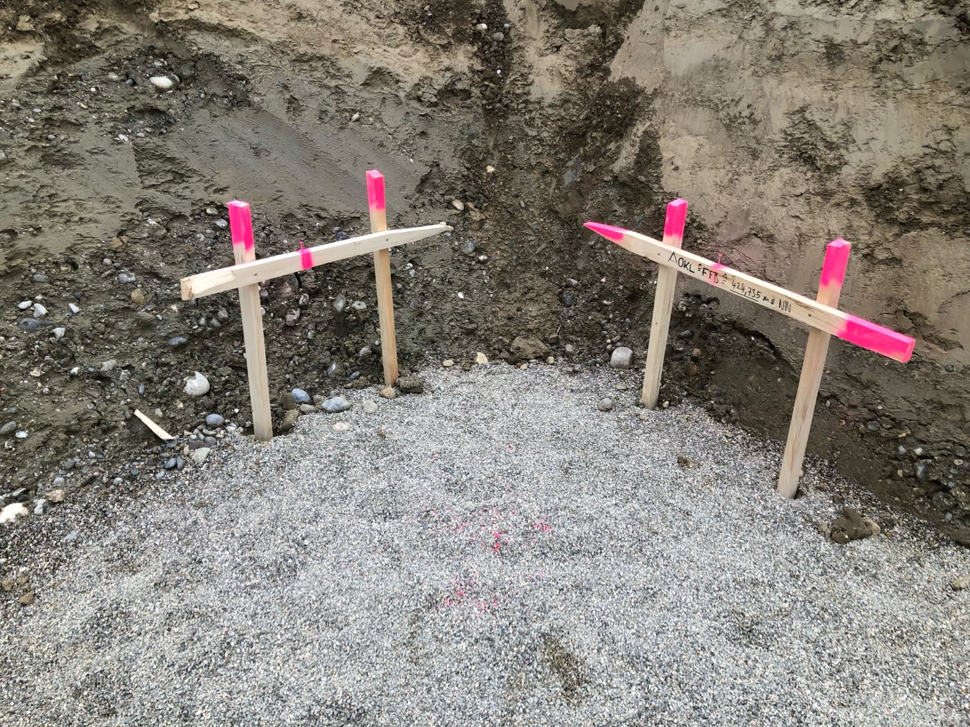 Schnurgerüst mit pink markierten Holzprofilen in einer Baugrube — Absteckung geplanter Punkte und Höhen