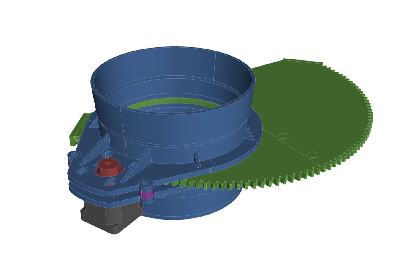 CAD-Modell des Drehantriebs mit großem Zahnkranz und Schrittmotor